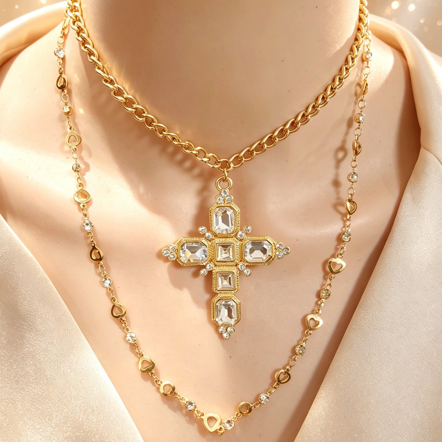 Wholesale Zinc Alloy Gold Electroplated Layered Chain Necklace Cross Pendant Rhinestone Fashion Jewelry Accessory for Women Everyday Gift