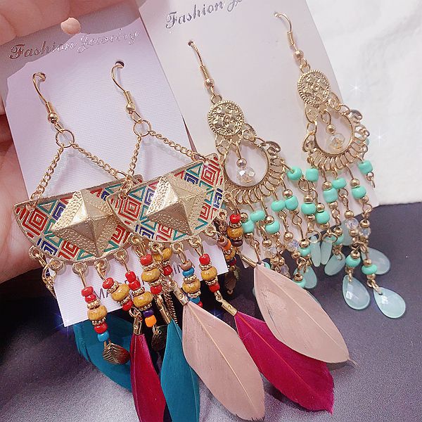 Wholesale Random color 10pcs Retro Ethnic Style Exaggerated Electroplated Gemstone Earrings ACC-ES-Pabo001