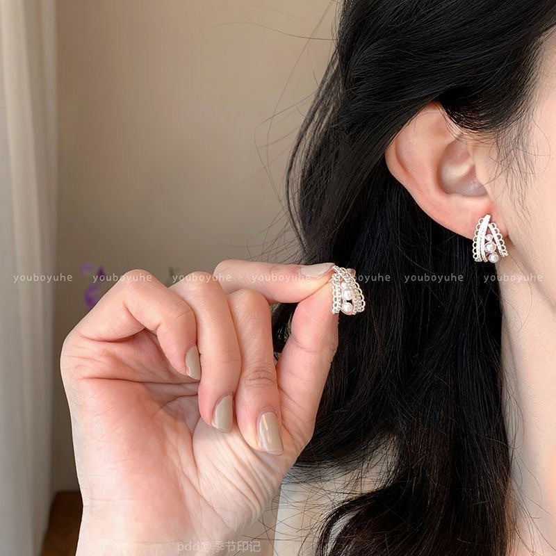 Wholesale Micro-inlaid zircon pearl earrings light luxury lace edge earrings