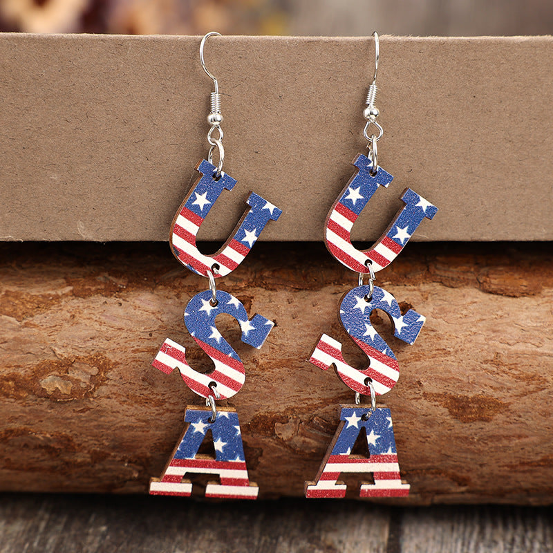 Wholesale Independence Day USA striped five-pointed star retro wooden earrings