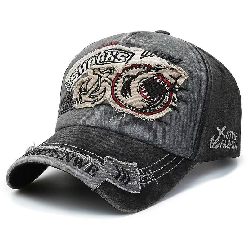 Wholesale Vintage Shark Denim Baseball Cap for Women Distressed Wash Sun Protection Fashion Accessory