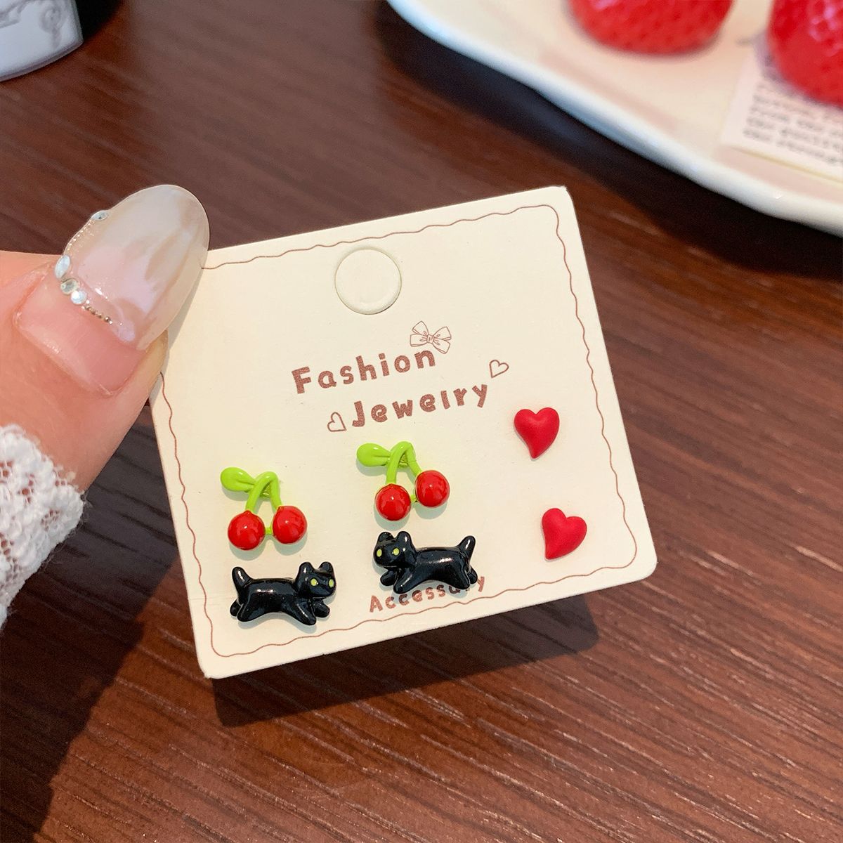 Wholesale Love Cherry Cat Earrings Three-Piece Set Silver Needle Cute Versatile Earrings