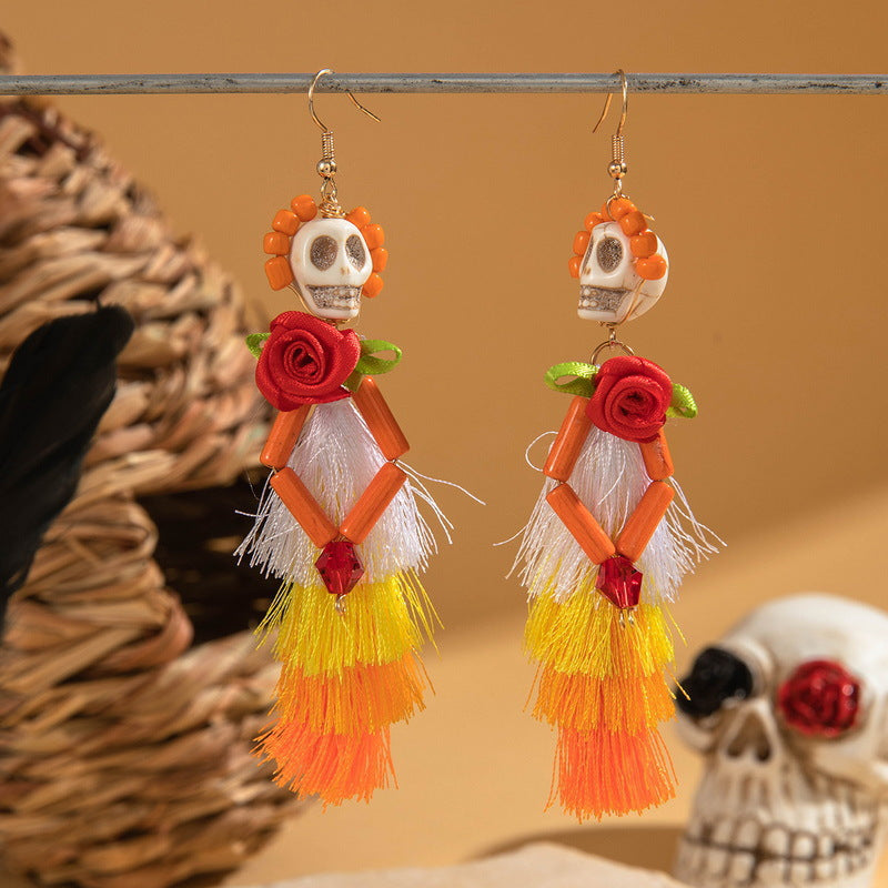 Wholesale Halloween earrings  funny fun skull tassel rice beads earrings