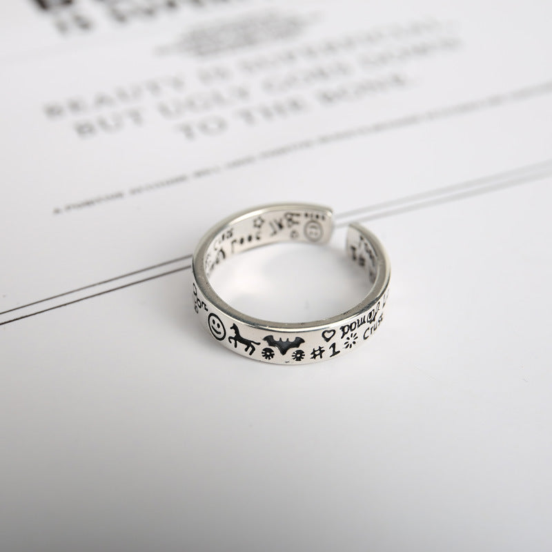 Wholesale  silver S925 silver trend fashion graffiti opening ring
