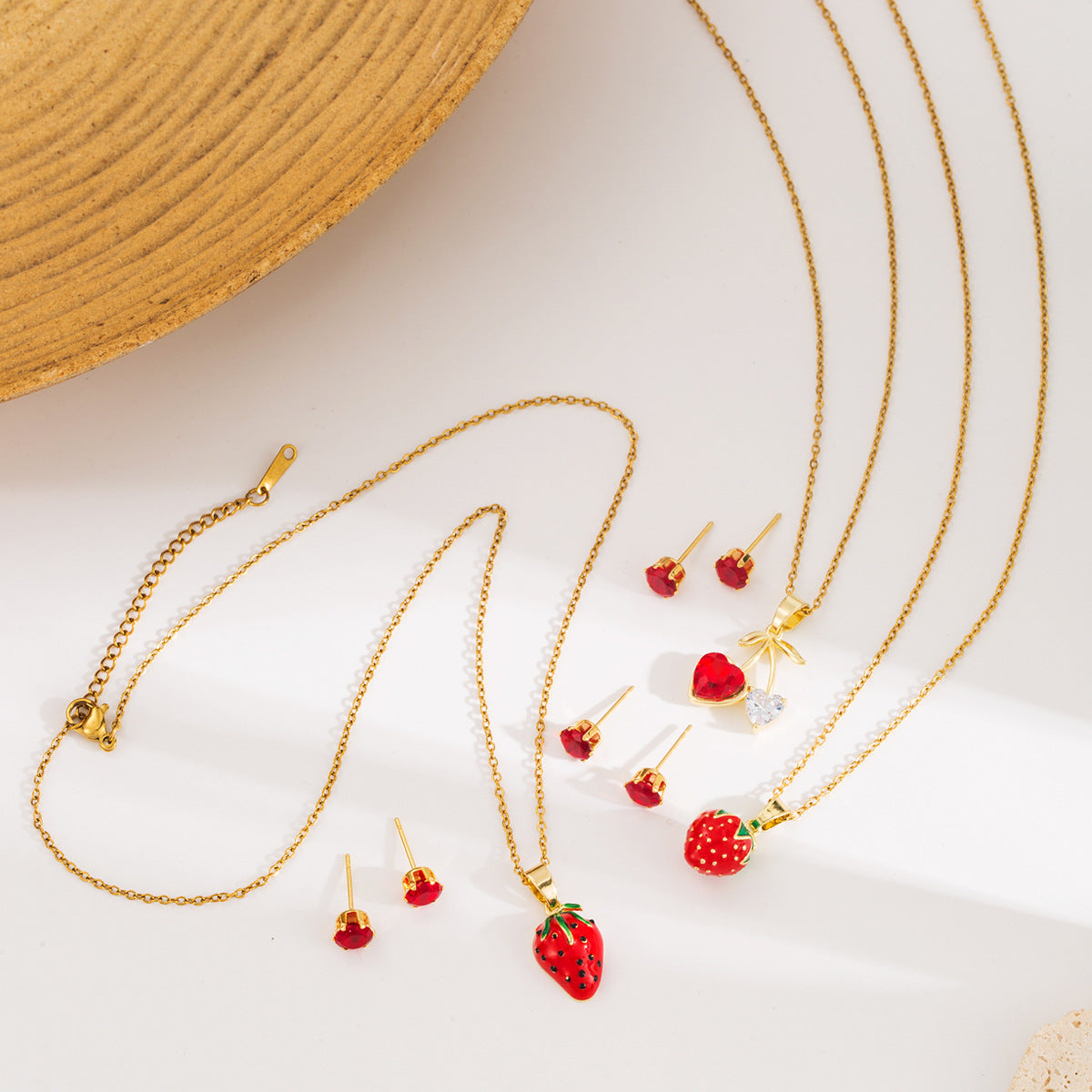 Wholesale  Fruit Series Strawberry Cherry Oil Pendant Stainless Steel Earrings Necklace Jewelry suit