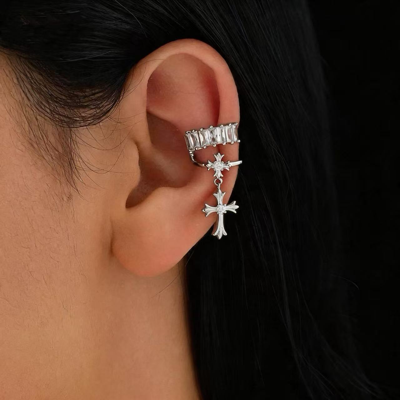 Wholesale Stylish French Rhinestone Cross Ear Cuff For Women No Piercing Gold Tone Ear Clip Decorative Fashion Accessory Boutique Resale Gift