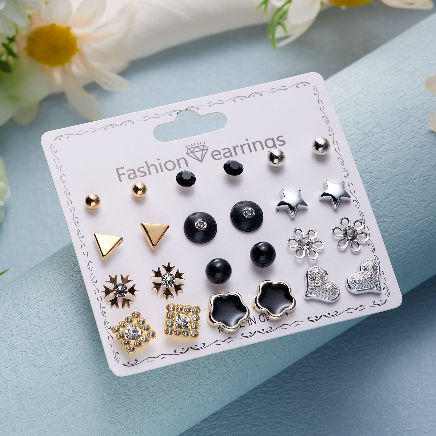 Wholesale December Combination Earrings 12 Pairs Flower Love Strawberry Diamond Earrings Set ACC-ES-Chuya002