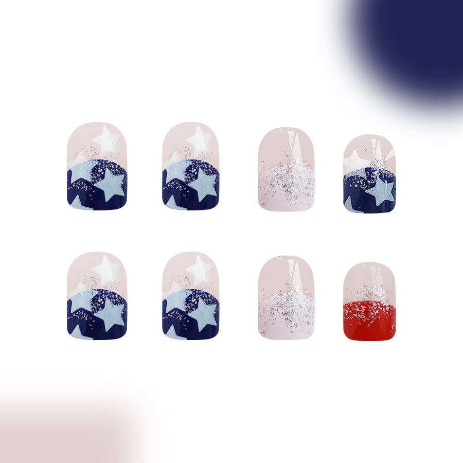 Wholesale 24 Pieces/box American Independence Day Short Glossy Red and Blue Color Glitter Manicure Press-on Nails Kits Nail Stickers ACC-NS-GuaiXL013