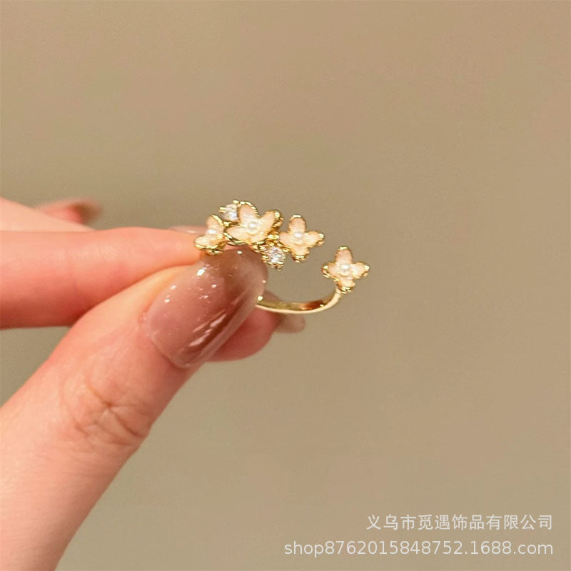 Wholesale Fashion Pearl Flower Rhinestone Ring for Women,  Adjustable Sparkle Jewelry Accessory for Everyday Wear