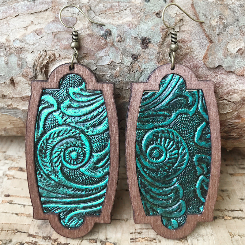 Wholesale 3PCS of wooden and leather vintage embossed earrings