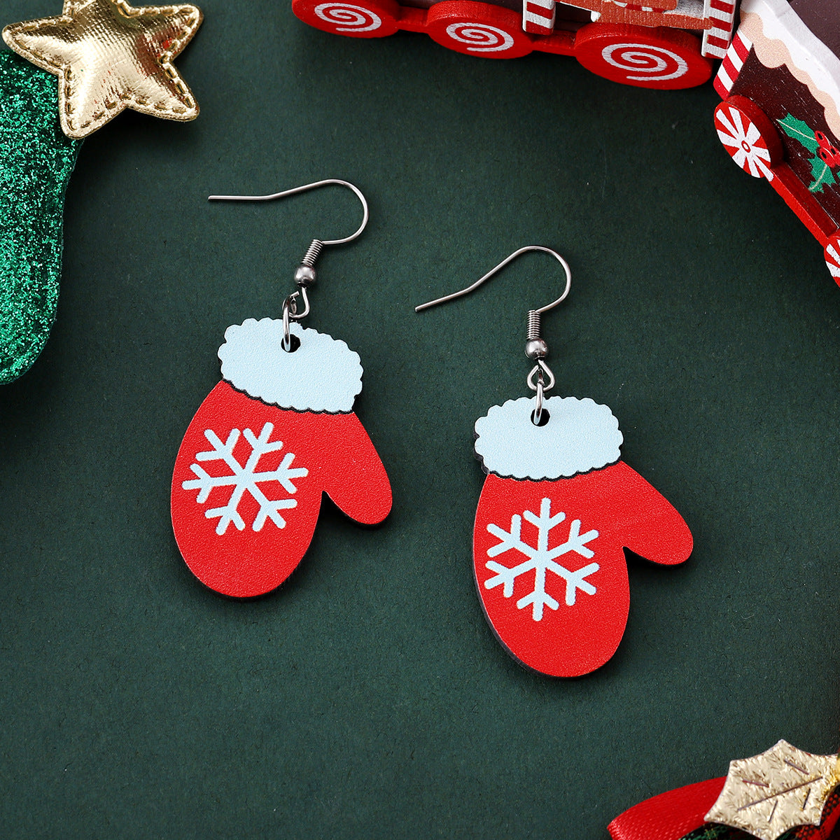 Wholesale Christmas Winter Snowflake Gloves Dog Paws Wood Double-Sided Ear Ornaments ACC-ES-ChuLian073