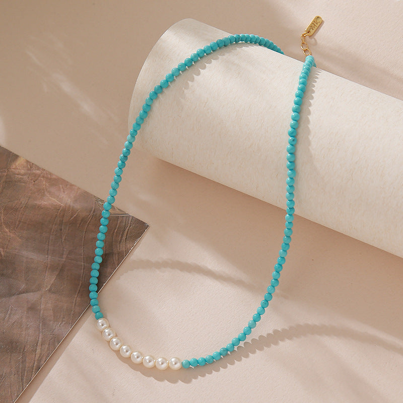 Wholesale Cross-Border European and American Natural Turquoise Necklace for Women,  Light Luxury Niche Style,  Pearl Embellished Collarbone Chain,  Versatile and Fashionable