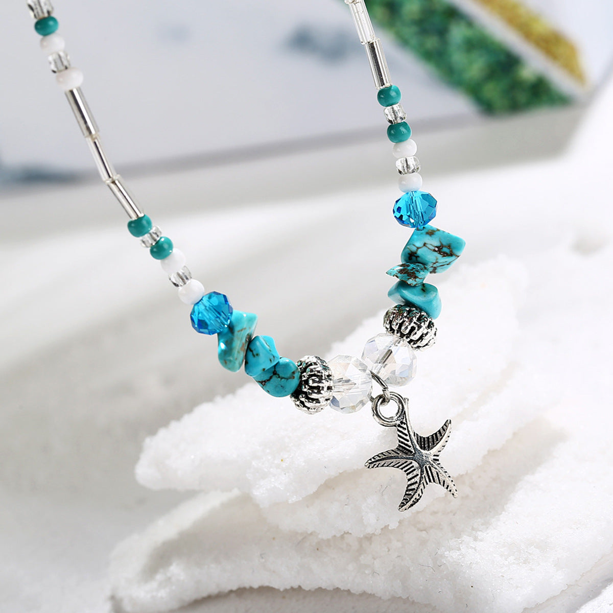 Wholesale  Beach Holiday Style Rice Bead Foot Chain Turquoise Pipe Bead Starfish Pendant  Anklets