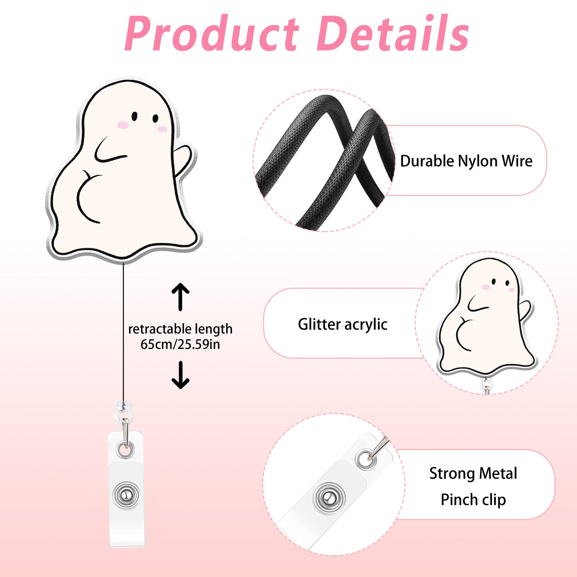 Wholesale  Ghost Cute Cartoon Acrylic Easy-Pull Buckle Retractable ID Card Holder Able Office Badge Decoration