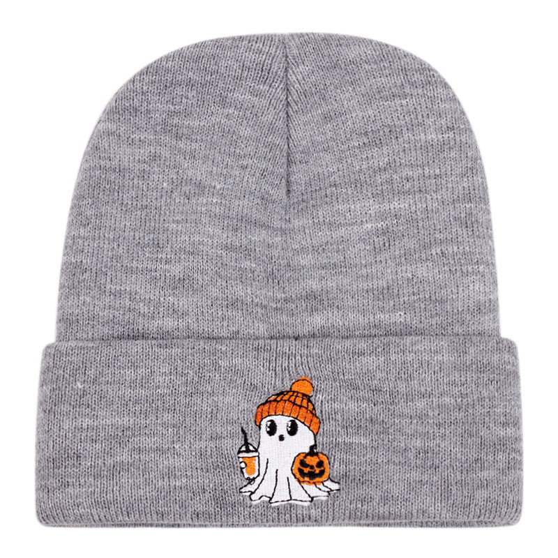 Wholesale Warm Knit Beanie With  Ghost Pumpkin Embroidery Unisex Winter Hat For Daily Wear And Party