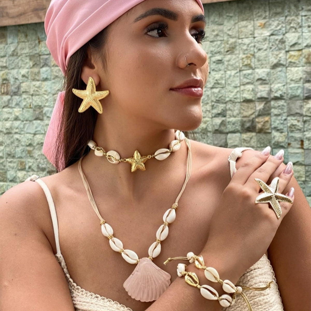 Wholesale Bohemian beach style exaggerated shell pendant necklace double layered necklace