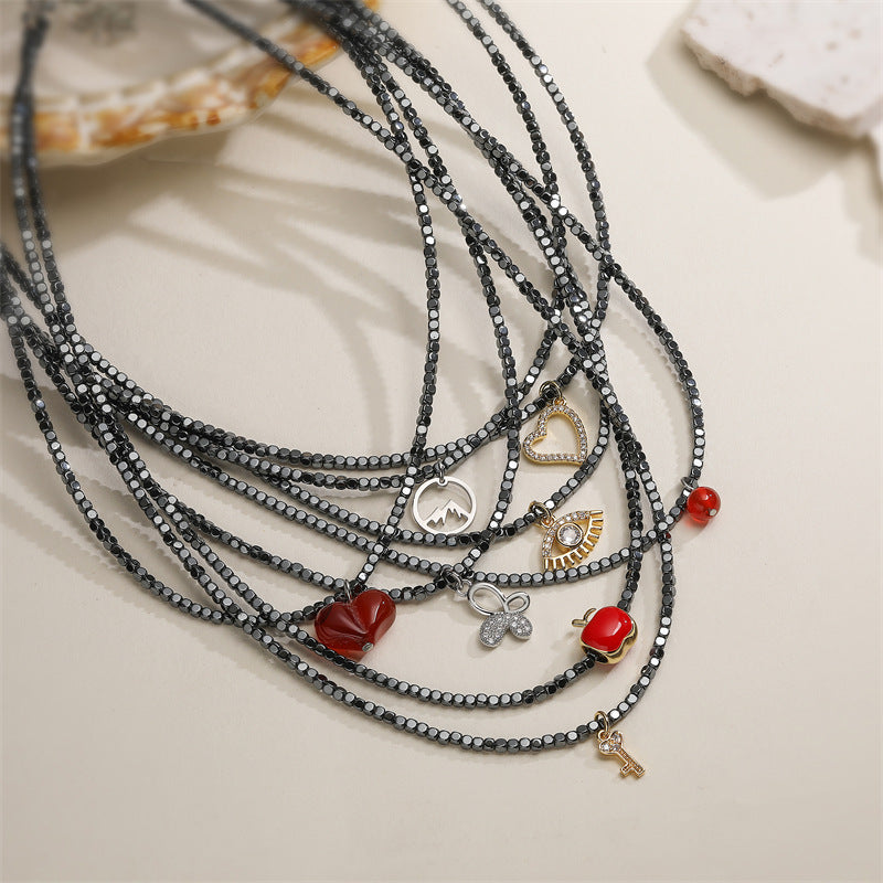 Wholesale Trendy Heart And Butterfly Pendant Necklace Black Gallstone Bead Chain With Copper Zircon Charm Gift And Boutique Resale Jewelry Accessory