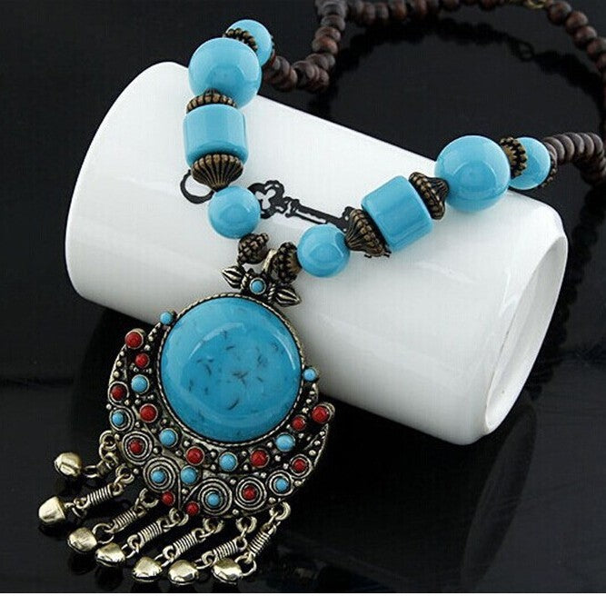 Wholesale Bohemian Turquoise Bell Pendant Long Necklace Alloy Fashion Boutique Resale