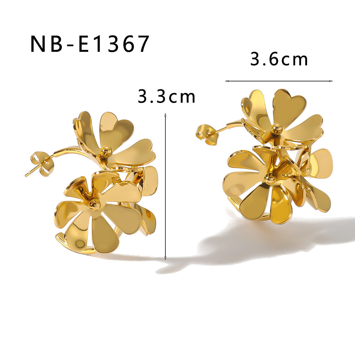 Wholesale stainless steel 18K real gold three-dimensional flower opening earrings ring