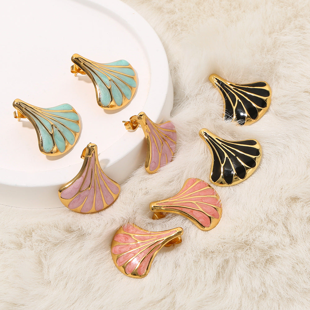 Wholesale Chic Ginkgo Leaf Fan-Shape Earrings Stainless Steel Drop Oil Vintage Gold Fashion Accessory