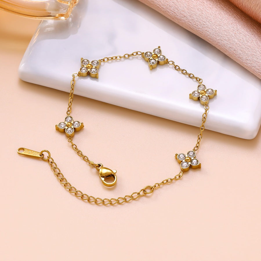 Wholesale Fashion Stainless Steel Four-Leaf Clover Bracelet for Women with Diamond Accents Jewelry Accessory
