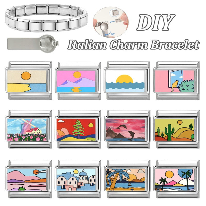 Wholesale Landscape Pattern Stainless Steel Interlocking Module Bracelet DIY Fashion Accessory