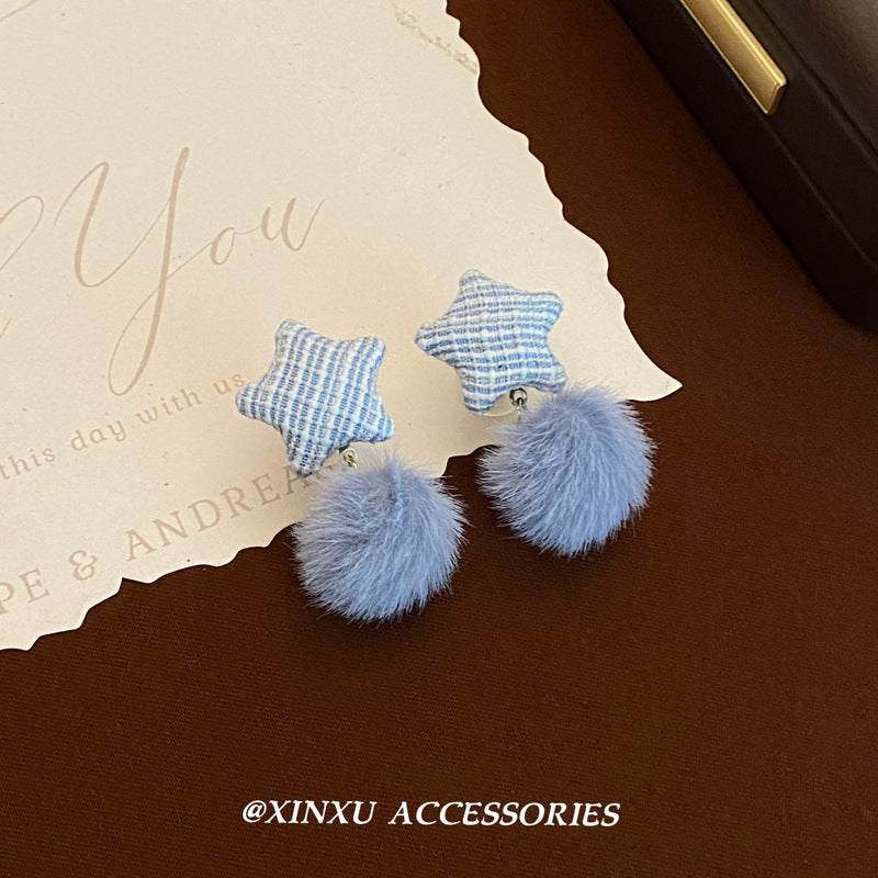 Wholesale five-angle star blue mink fur ball earrings