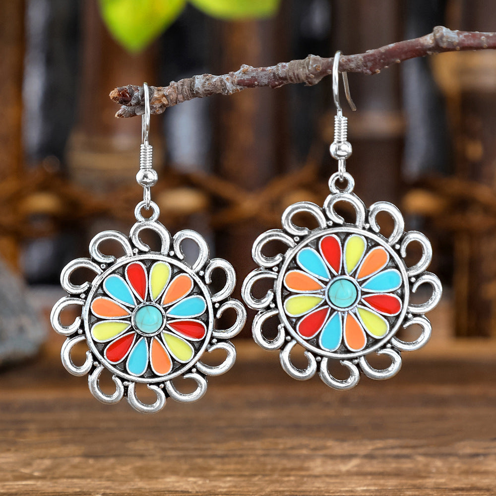 Wholesale Alloy Bohemian Hook Earrings Retro Ethnic Turquoise Oil-Drip Style for Women Gift Boutique Resale