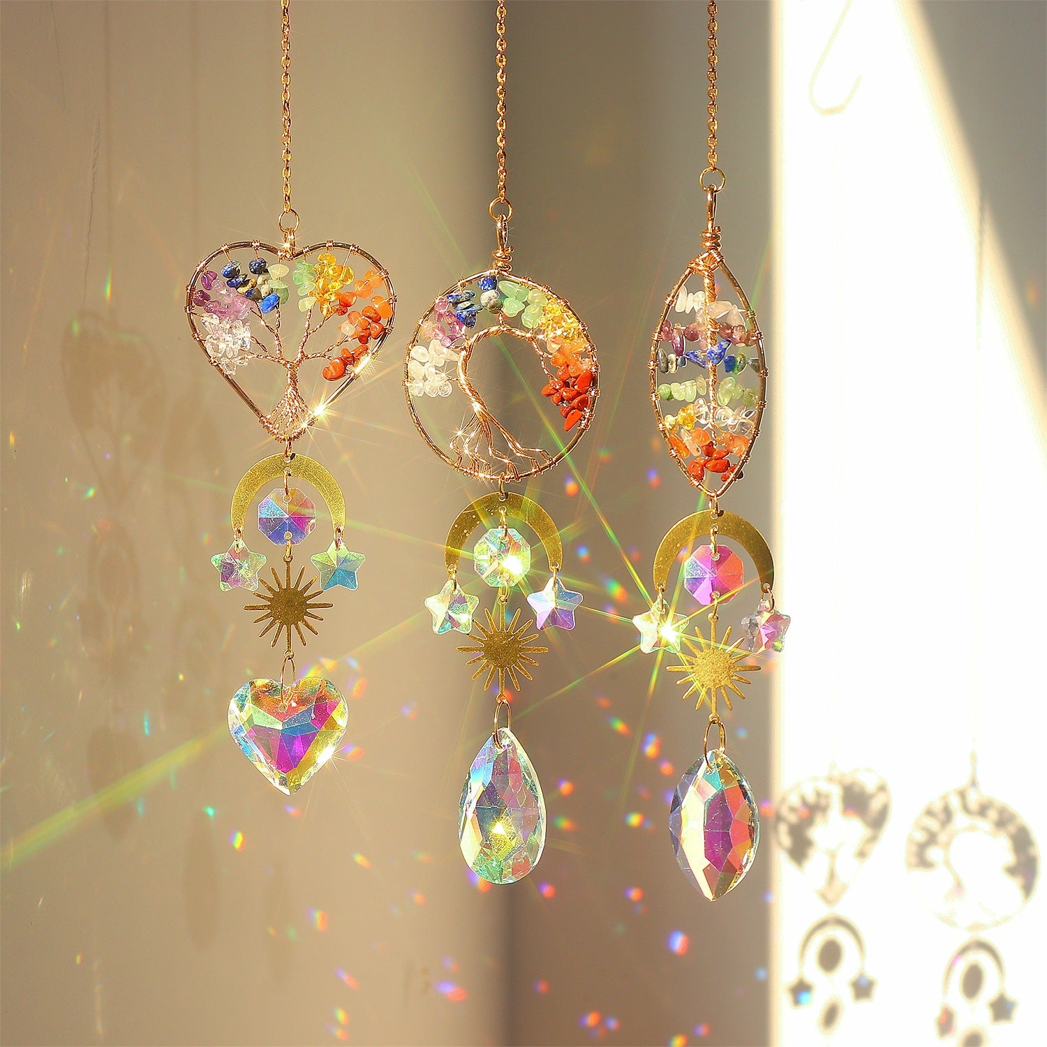 Wholesale Golden Life tree heart-shaped crystal catcher hanging window Sun prism decoration