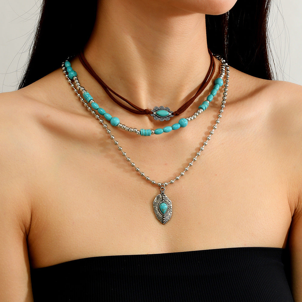 Wholesale Handmade Vintage Turquoise Multi Layer Necklace Set For Women Long Layered Sweater Chain Pendant Stylish Fashion Accessory Gift