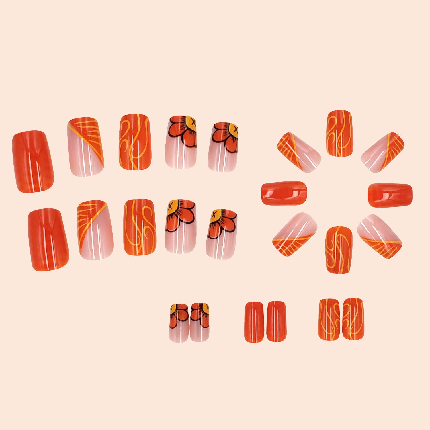 Wholesale 24 Pieces/box Short Square Orange Flower Striped Manicure Press-on Nails Kits Nail Stickers ACC-NS-NaiEr005