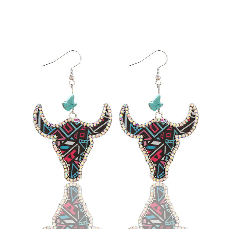 Wholesale western Denim-style cow head color leather earrings
