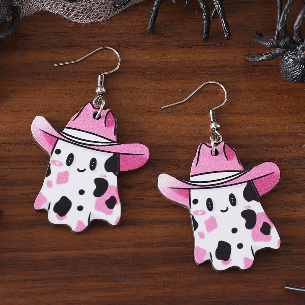 Wholesale  Cute Western Cowboy Hat Painted Ghost Pendant Earrings