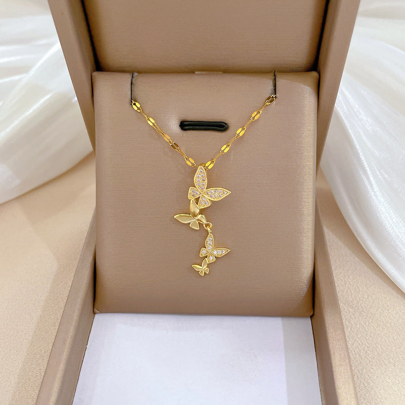 Wholesale Titanium Steel Butterfly Tassel Full Diamond Necklace Clavicle Chain ACC-NE-LiGe020