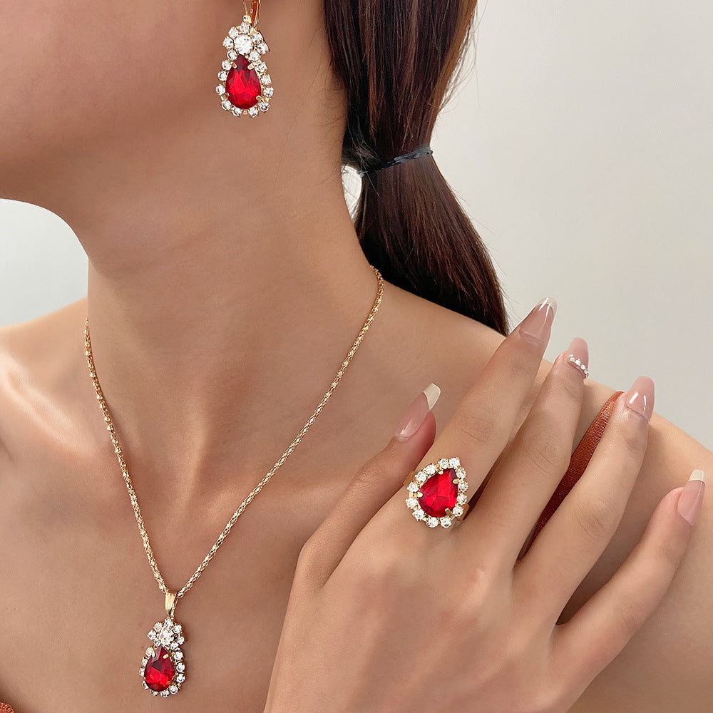 Wholesale Colorful rhinestone necklace earrings and ring set
