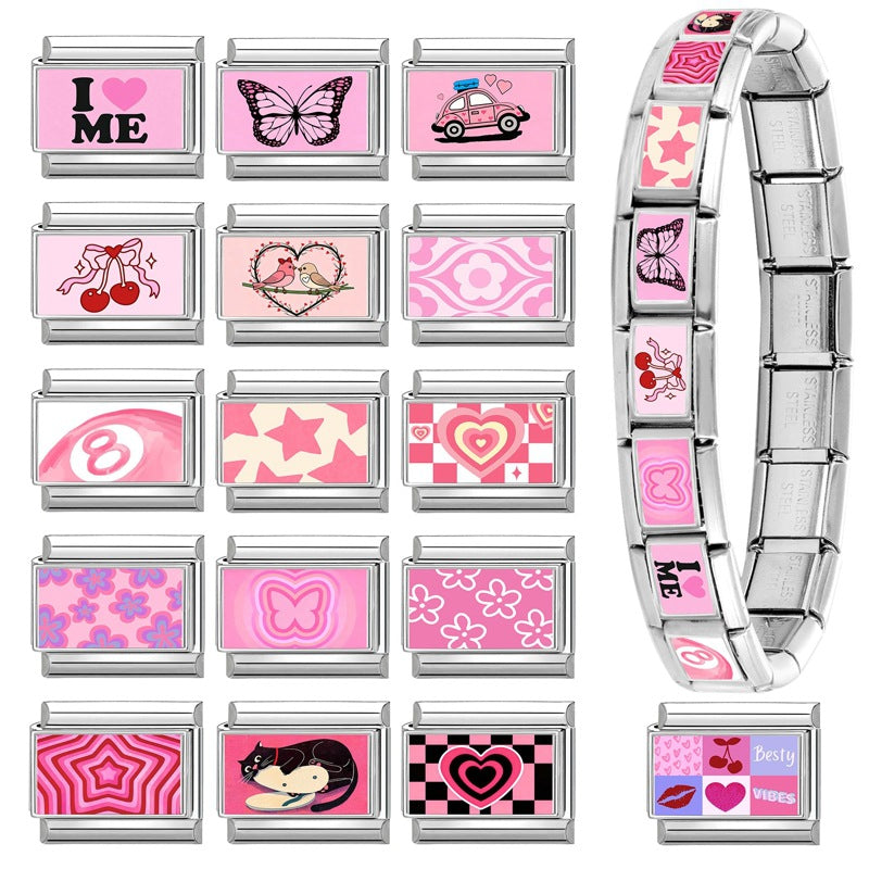 Wholesale Hearts and Love Italian Charms pink series  DIY  Single Section Creative Stainless Steel Composable Bracelet