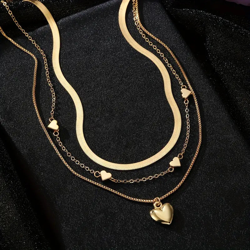 Wholesale Multi Layer Heart Pendant Necklace Gold Snake Chain Layering Jewelry Fashion Accessory Gift Boutique Resale