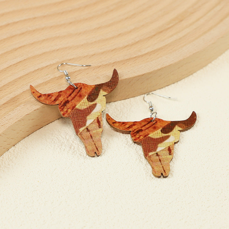 Wholesale Vintage Western Farm Cross Cactus Cow Head Wood Earrings