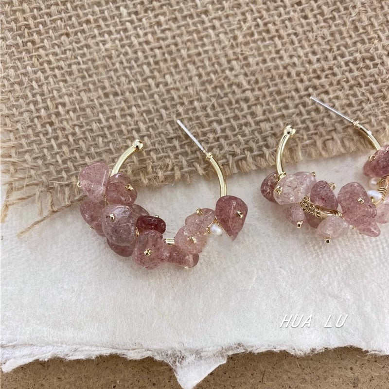 Wholesale Peach Blossom Stone Handmade Pink Strawberry Crystal Natural Stone Earrings
