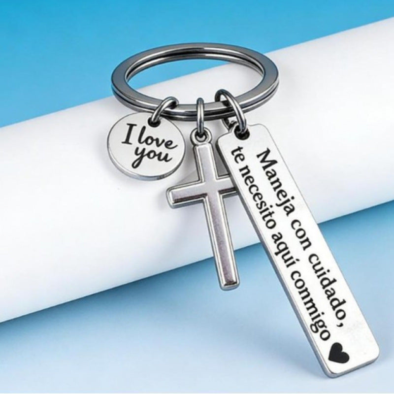 Wholesale Stainless Steel Engraved Motorcycle Keychain Couple Car Hanging Gift With Spanish Love Message