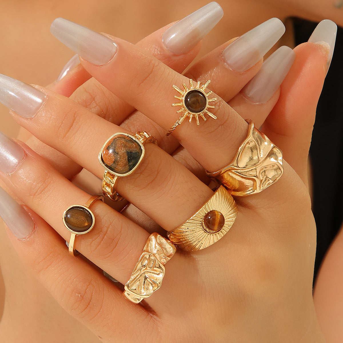 Wholesale Vintage Adjustable Natural Stone Ring Set 6 Piece Gold Tone Alloy Geometric Jewelry Accessory For Women
