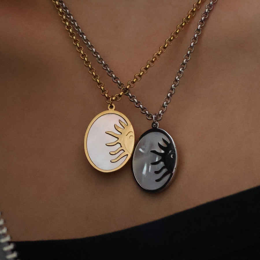 Wholesale Titanium Steel Oval Sun Necklace Natural Shell Inlaid Pendant Necklaces