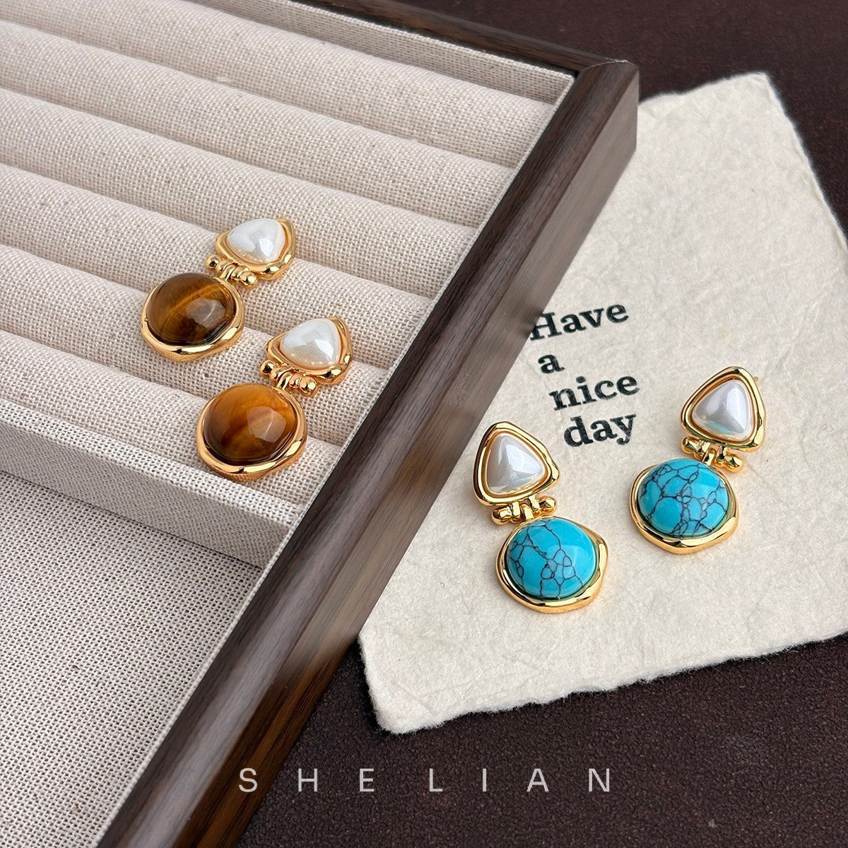 Wholesale Medieval Style Round Tiger Eye Stone Earrings Electroplated Boutique Resale