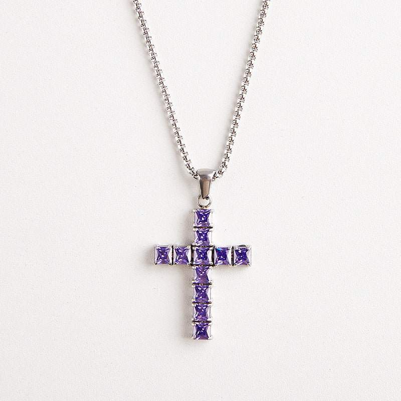 Wholesale Titanium Steel Square Cross Zircon Pendant Necklace