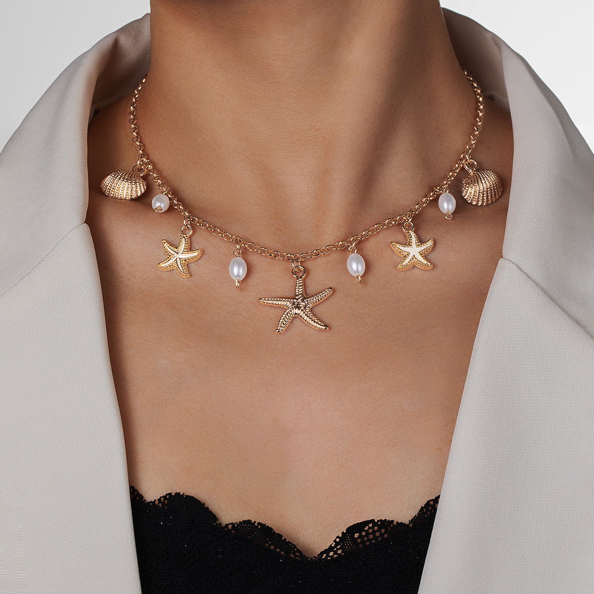 Wholesale Bohemian Pearl Alloy Starfish Alloy Scallop Pendant Alloy Women's Necklace