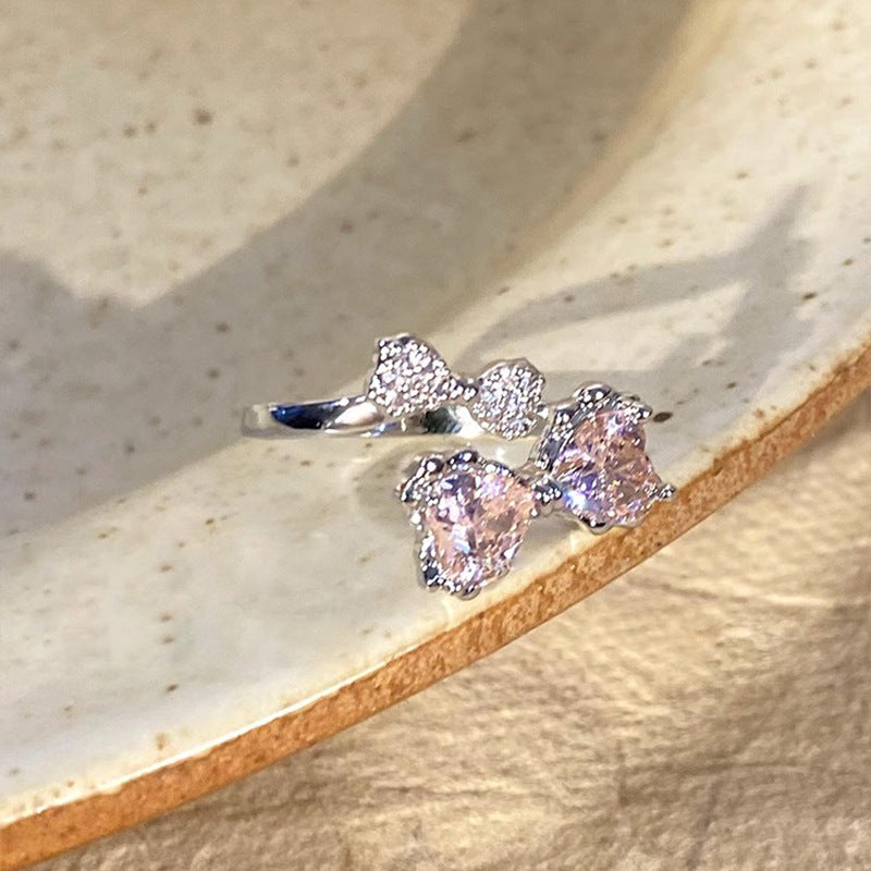 Wholesale Sweetly Enchanting!  Pink Diamond Bowknot Ring for Women,  Light Luxury Style,  Index Finger Ring,  Niche Design,  Fashionable Pair Ring