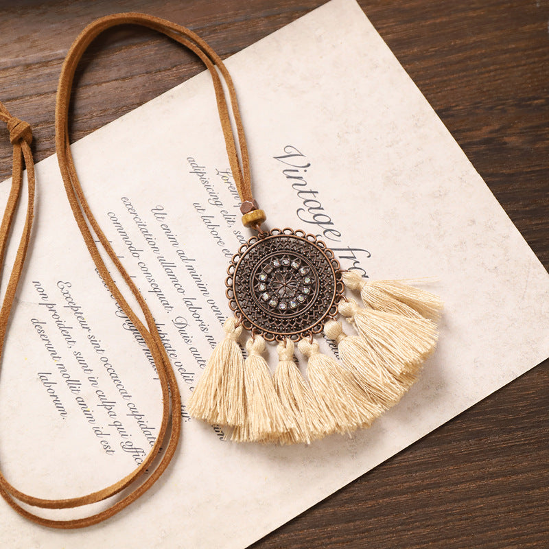 Wholesale Bohemian Vintage Long Tassel Necklace,  Handwoven Mixed Material Pendant,  Chic Jewelry Accessory for Women