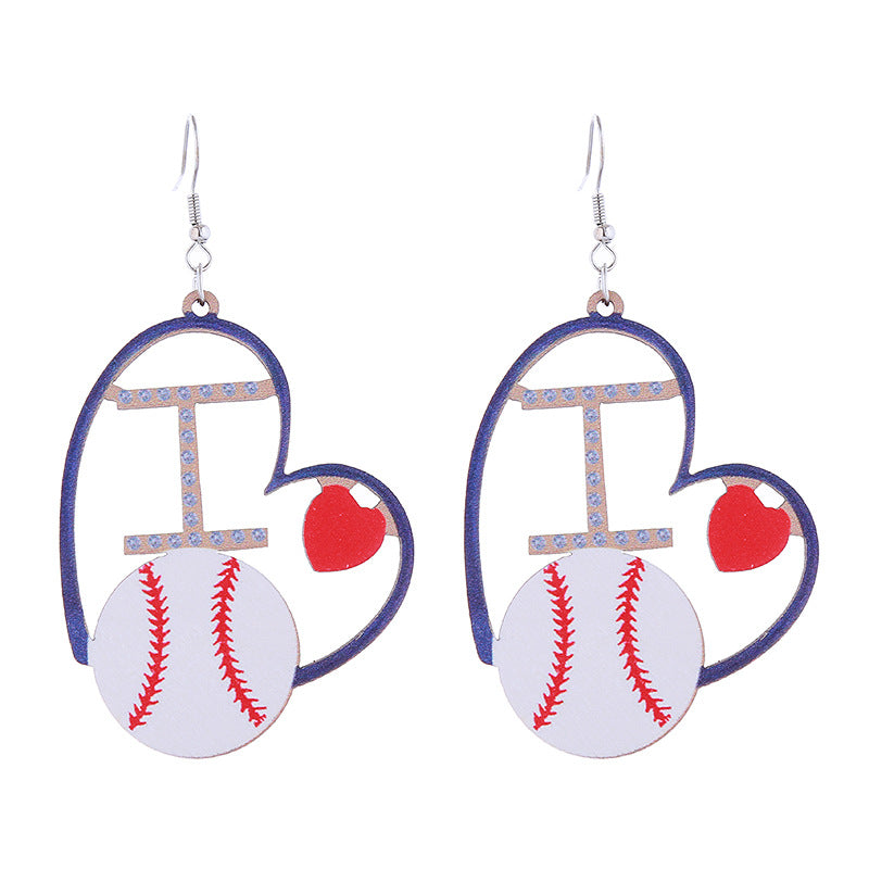 Wholesale Sports Style Baseball Heart Wooden Earrings