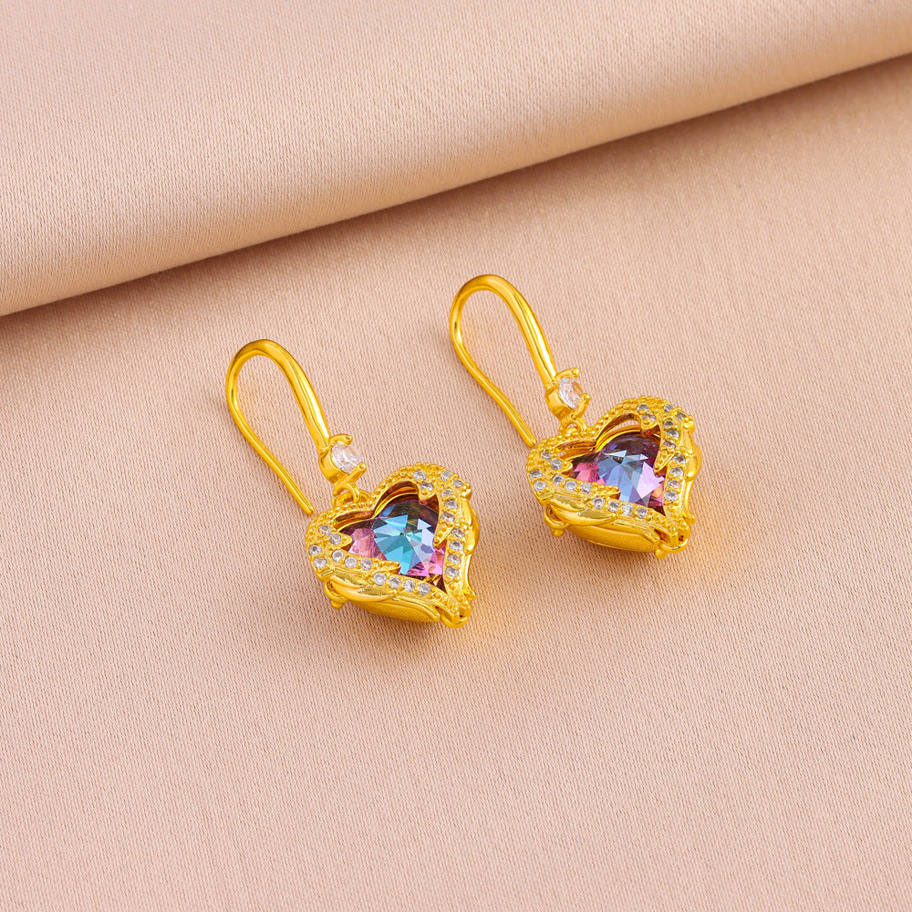 Wholesale  Titanium Steel 18K Gold Plating Micro Inlay Colorful Ocean Heart Necklace Earrings Ring Set