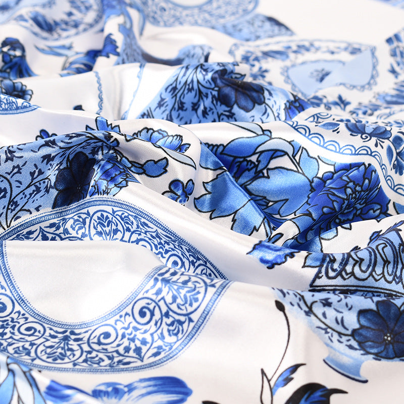 Wholesale  Blue and White Porcelain Pattern 90* 90 Satin Large Square Scarf
